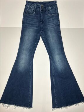Kancan Flared High Rise Denim Jeans Fringe Hem Size 25